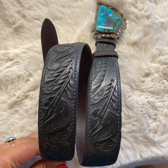 Signed Mona Van Riper Turquoise & Sterling Silver Belt Buckle & Leath… main image 5